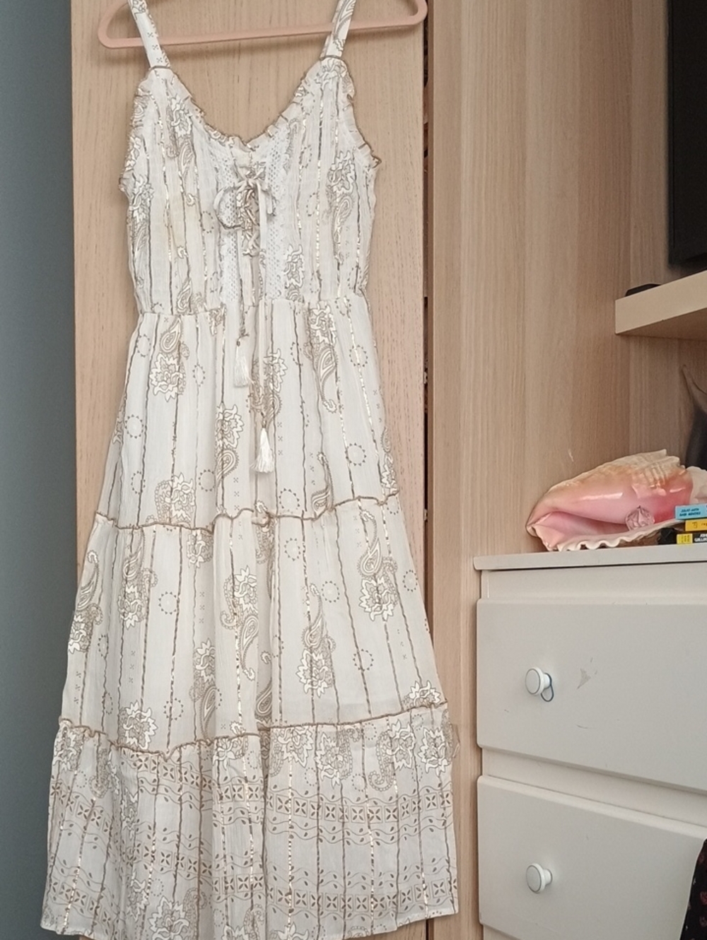 Boho Tiered Maxi Dress in Cream with Gold Print Sz M/L
